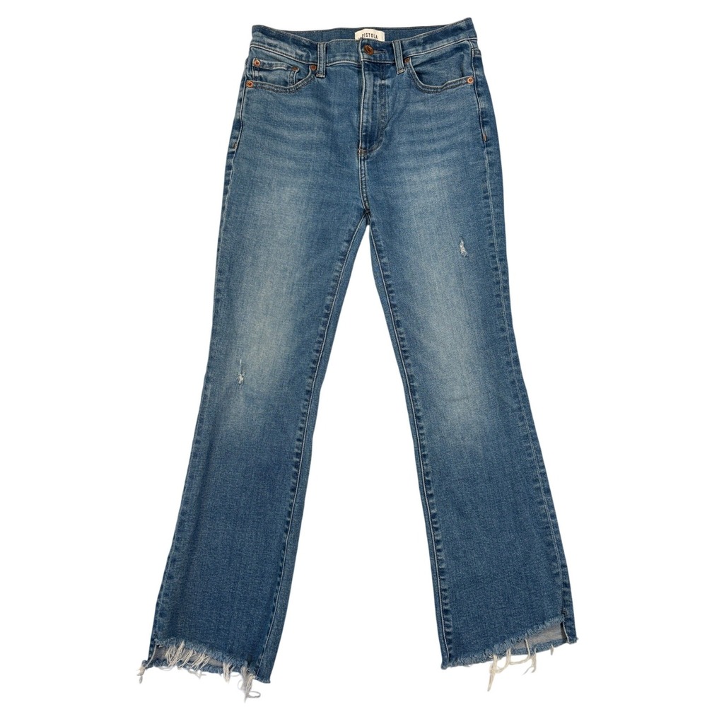 Pistola High Rise Straight Leg Jeans Medium Wash Distressed Frayed Hem Blue 27